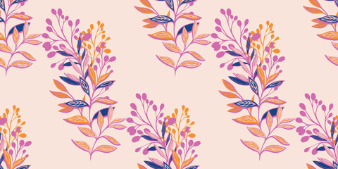 Colorful artistic abstract leaves and branches seamless pattern. Vector hand drawn. Creative bouquets floral stems printing on a light background. Template for designs, textile, fabric