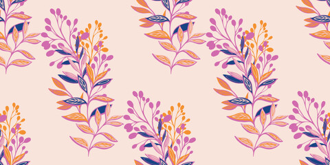 Colorful artistic abstract leaves and branches seamless pattern. Vector hand drawn. Creative bouquets floral stems printing on a light background. Template for designs, textile, fabric