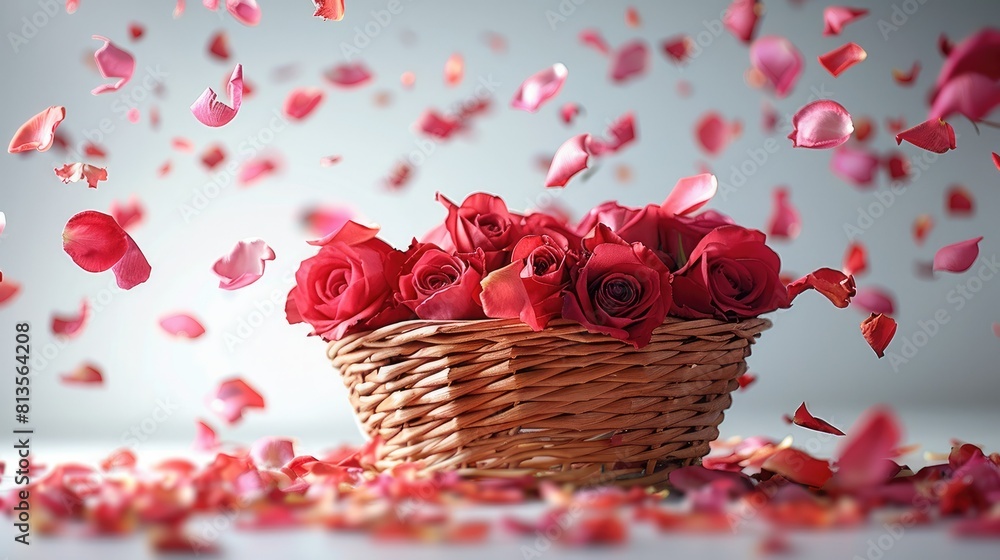 Poster rose flower petals falling from above with flowers in a basket on a white background. generative ai.