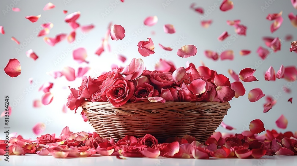 Poster rose flower petals falling from above with flowers in a basket on a white background. generative ai.