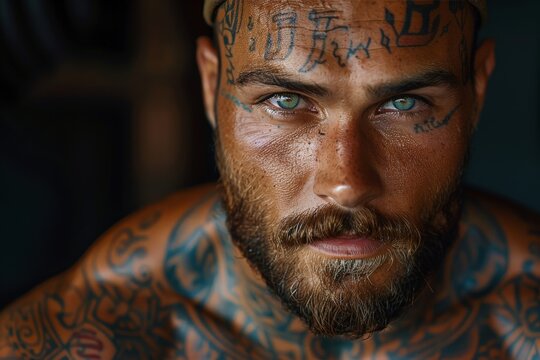 Striking close-up of a man with intense eyes and meticulous facial tattoos