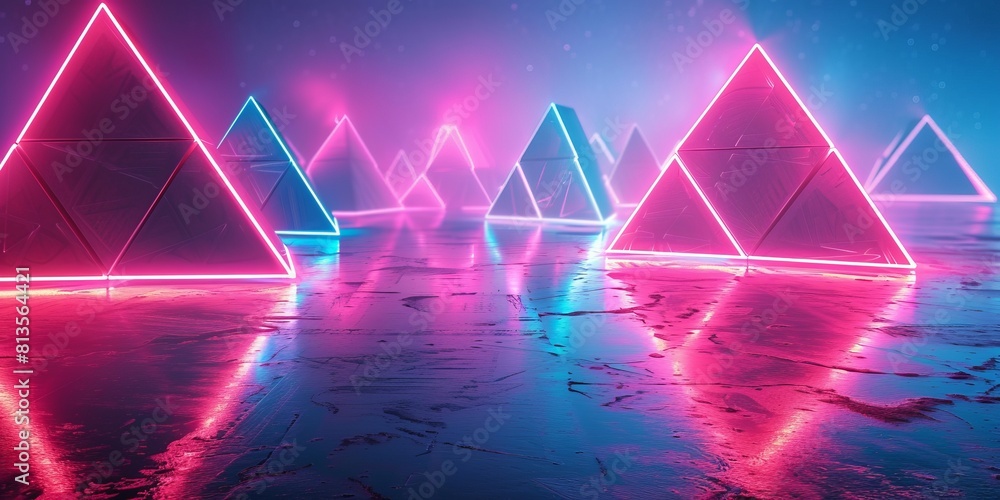 Poster neon high tech surface with triangular pyramids. illuminated