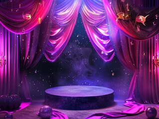A Halloween masquerade ball theme, featuring a 3D podium against a backdrop of pink and purple drapes and glittering masks, suitable for a glamorous product presentation