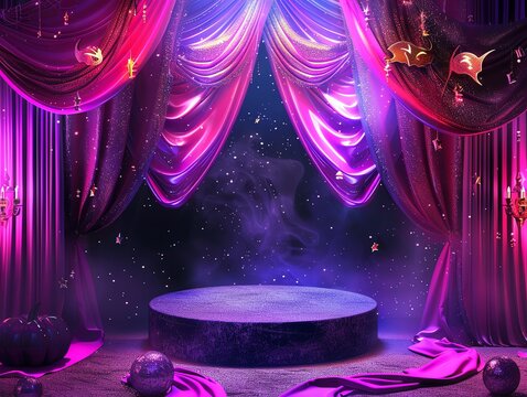 A Halloween masquerade ball theme, featuring a 3D podium against a backdrop of pink and purple drapes and glittering masks, suitable for a glamorous product presentation