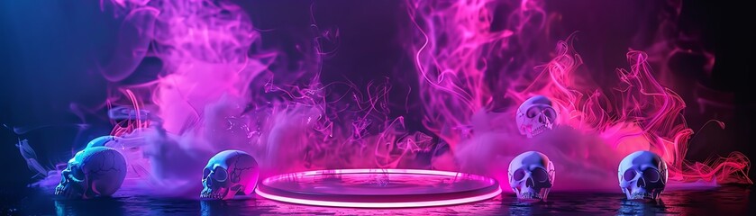 A neon Halloween celebration background with a 3D podium, featuring vibrant pink and purple smoke swirls and holographic skulls, perfect for a futuristic product showcase