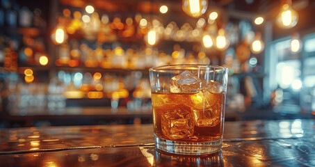 Bar, bulb lights decoration, cup of ice whiskey on table. Generative AI.