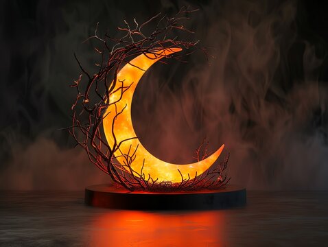 Halloween special with a twisted fairy tale theme an orangecolored 3D podium wrapped in thorned vines under a crescent moon, for a dark yet enchanting product display