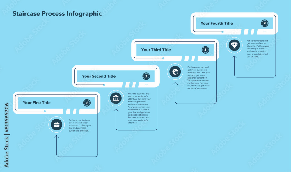 Poster Staircase process infographic template with four steps - blue version. Flat design with minimalistic icons and place for your texts.