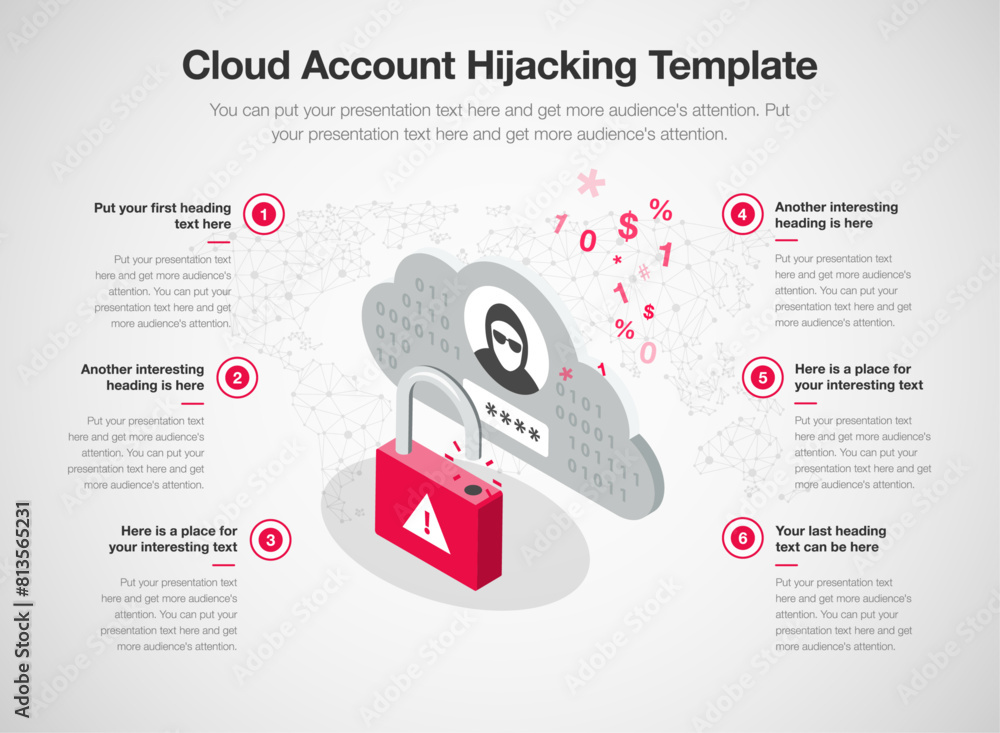 Aufkleber simple infographic template for cloud account hijacking. 6 stages template with an unlocked padlock 
