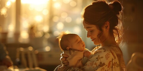 Fototapeta premium tender moment as a mother cradles her newborn baby in a hospital room with soft lighting in the background