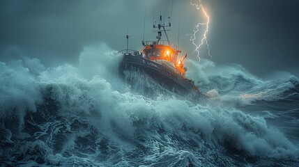 Braving enormous waves and a monstrous storm, the rescue vessel soldiers on its challenging mission to save lives amid turbulent sea conditions.