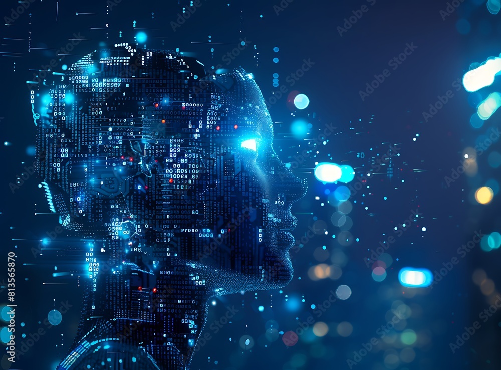 Aufkleber robot head on dark background with computer, robot head, dark background, computer