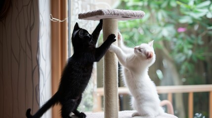 Two Adorable Cat Playing on Cat Climber, Joyful and Playful Pet Activity
