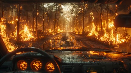 A forest becomes a raging inferno, putting a vehicle caught on the nearby road in jeopardy, as the devastating fire rapidly spreads.