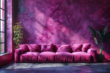 Mockup of modern living room with viva magenta wall background, sofa furniture, and decor.