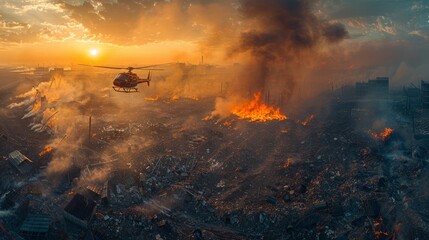 Obraz premium The consuming fire's remnants sketch a destruction tableau, transforming the bucolic countryside into a desolate expanse of ash and rubble.