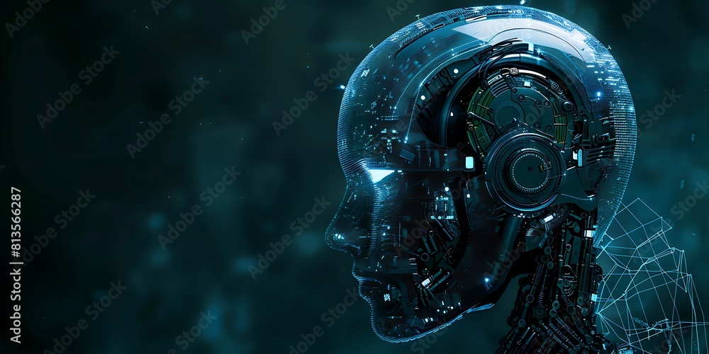 Poster robot head on dark background with computer, robot head, dark background, computer