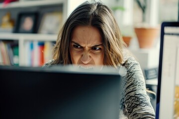 angry woman in front of the computer. generative ai