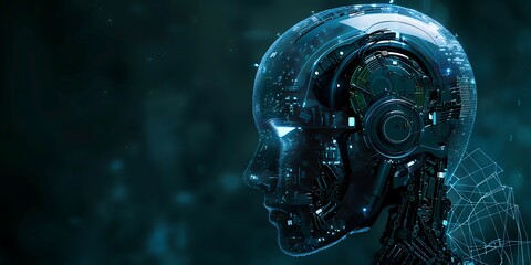 Fototapeta premium Robot Head on Dark Background with Computer, Robot head, dark background, computer