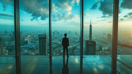 Fototapeta premium Successful Business Person at Office Building, Successful business person, office building, landscape