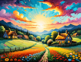 A bright color painting depicting a calm, quiet village passing through a meadow with beautiful flowers, a sky with clouds.