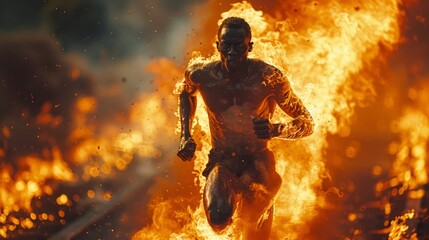 Fototapeta premium In a ghastly display of dissent, a man of African descent runs, his form engulfed in hot flames - a horrifying act of self-immolation.