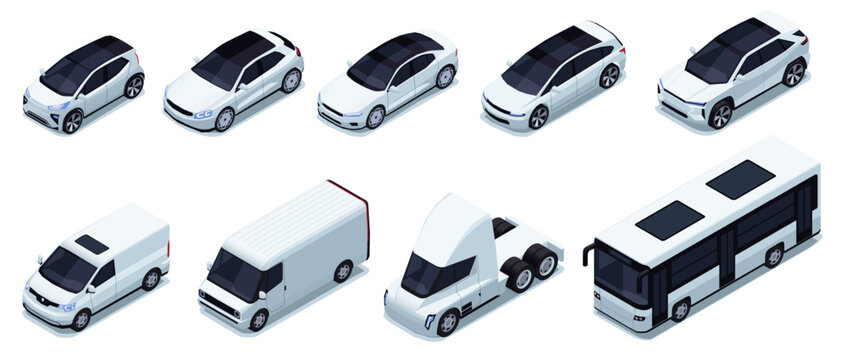Various isometric car. Logistic delivery vehicles with cargo trailer, truck van car and motorcycle for transport company. Vector set. Different automobiles for personal usage, rental company