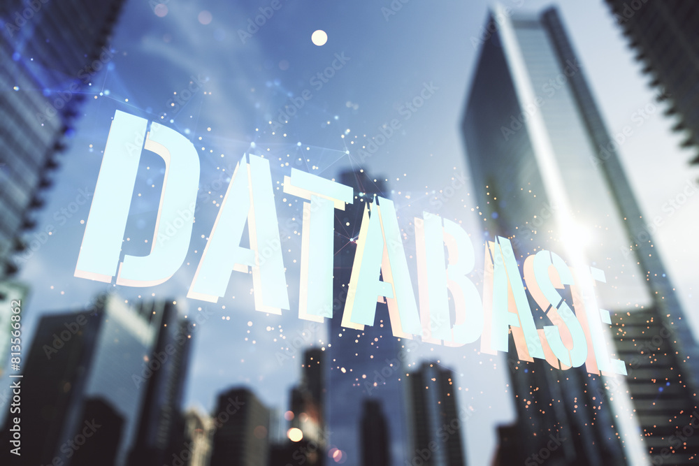 Aufkleber double exposure of creative database word hologram on modern skyscrapers background, research and de