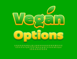 Vector eco label Vegan Options. Creative Green and Yellow Font. Bright Alphabet Letters and Numbers set.