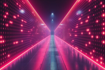 A long, narrow hallway with red lights on the walls