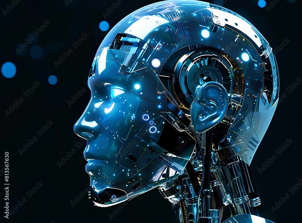 Poster robot head on dark background with computer, robot head, dark background, computer