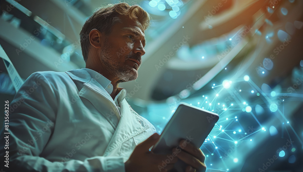 Aufkleber An employee uses a tablet with a global customer network technology to exchange data for business. Social media, customer service. Online digital marketing. Generative AI.