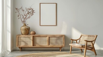 Mock up poster frame in scandinavian style living room interior