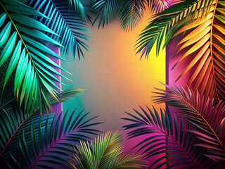 Obraz premium A frame composed of bold, graphic palm leaves against a bright, summery background, generative ai