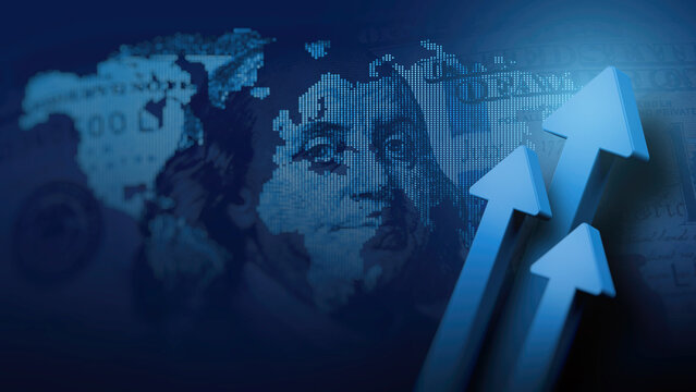 Global Financial Growth Indicated by 3D Arrows on World Map Background