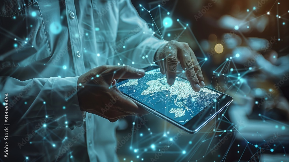 Aufkleber An employee uses a tablet with a global customer network technology to exchange data for business. Social media, customer service. Online digital marketing. Generative AI.