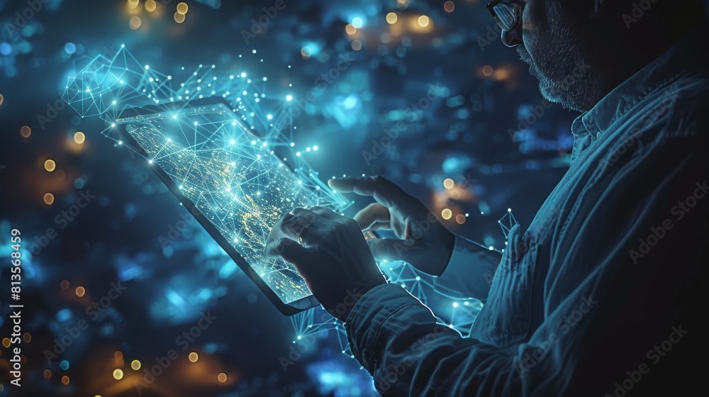 Poster an employee uses a tablet with a global customer network technology to exchange data for business. s