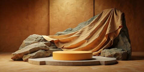 Rock podium with fabric on earth tone colour background for product presentation. Natural beauty pedestal, relaxation and health,
