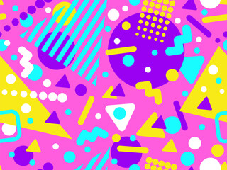 Memphis seamless pattern with geometric shapes in 80s and 90s style. Geometric shapes of different shapes and colors. Design of promotional products, wrapping paper and printing. Vector illustration