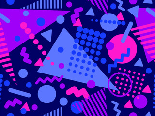 Memphis seamless pattern with geometric shapes in 80s and 90s style. Geometric shapes of different shapes and colors. Design of promotional products, wrapping paper and printing. Vector illustration