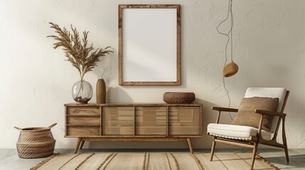 Mock up poster frame in scandinavian style living room interior