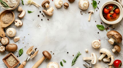 Fototapeta premium Frame made of a fresh mushrooms on the kitchen table with some tools for cooking, copy space in the middle