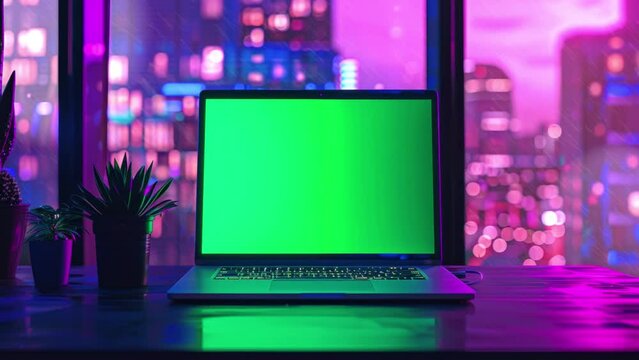 Neon Laptop with Green Screen at Night A vibrant scene depicting a laptop with a green screen set against a backdrop of a neon-lit cityscape at night