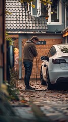 man charging his electric car in garage at home