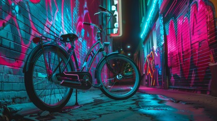 Retro Futuristic Bicycle in Neon Alley with Holographic Graffiti Art