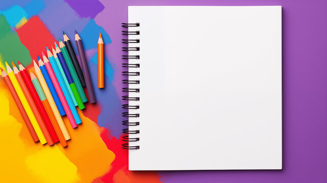 Bloc note blanc sur fond color&eacute; avec crayons de couleur. Mock-up. Papier, cahier, business, travail, bureau. Pour conception et cr&eacute;ation graphique.
