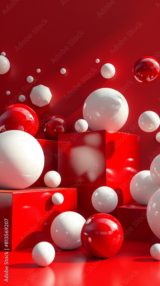 Aufkleber generative ai image of different sizes of red and white balls on pedestal podium against red backgro