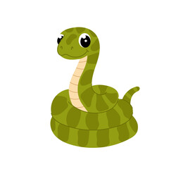 Green snake in flat style. Cartoon illustration of a viper on a white background. Kids illustration. Symbol of the 2025 year.