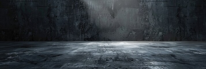Spotlight in a dark room with concrete floor and brick wall. Dark room with spotlight. Spotlight...