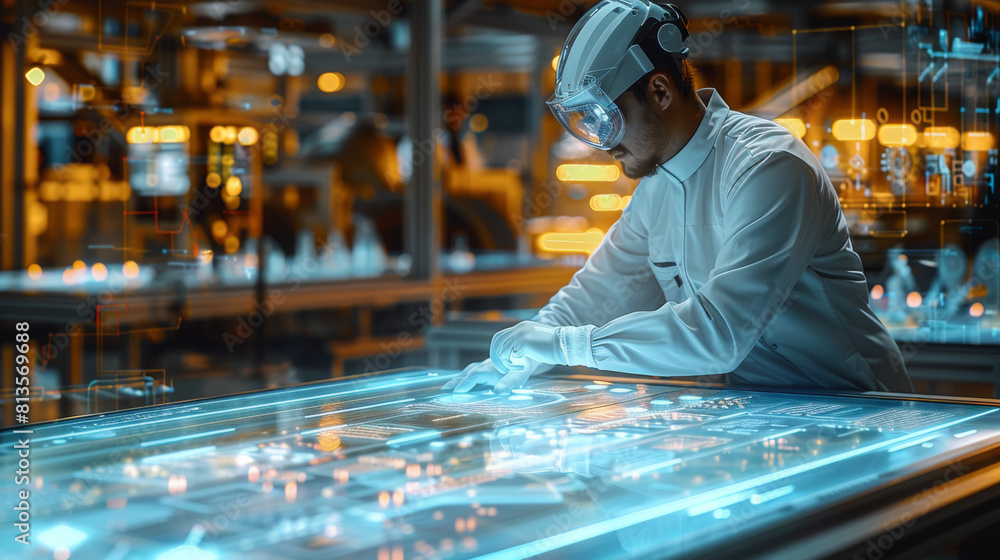 Aufkleber holographic factory shop floor on a table, an engineer standing next to the ultra translucent futuri